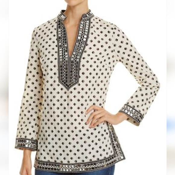 Tory Burch Ivory & Black Fish Print Tunic Top w/ Mirror Sequins - Picture 3 of 12